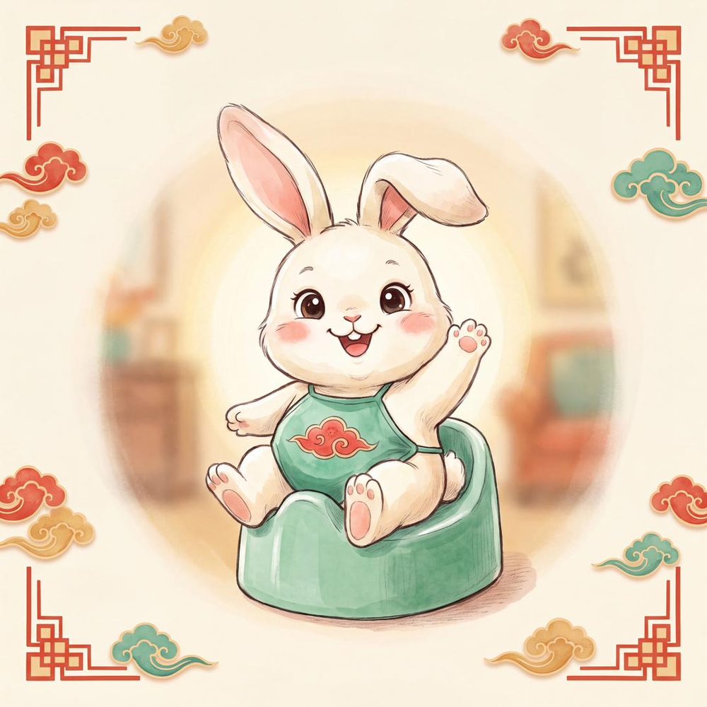 Yuan-Yuan the baby rabbit sitting happily on a small green potty, waving.