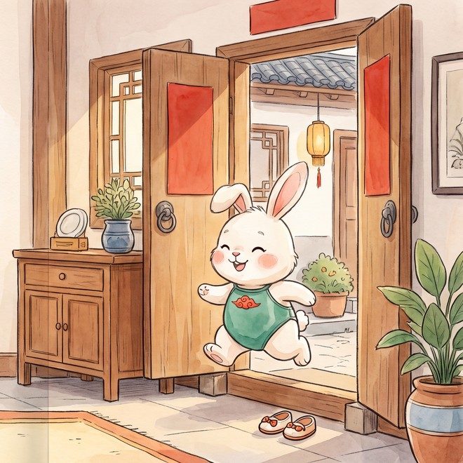 Yuan-Yuan arriving at Grandma's house, hopping with joy.