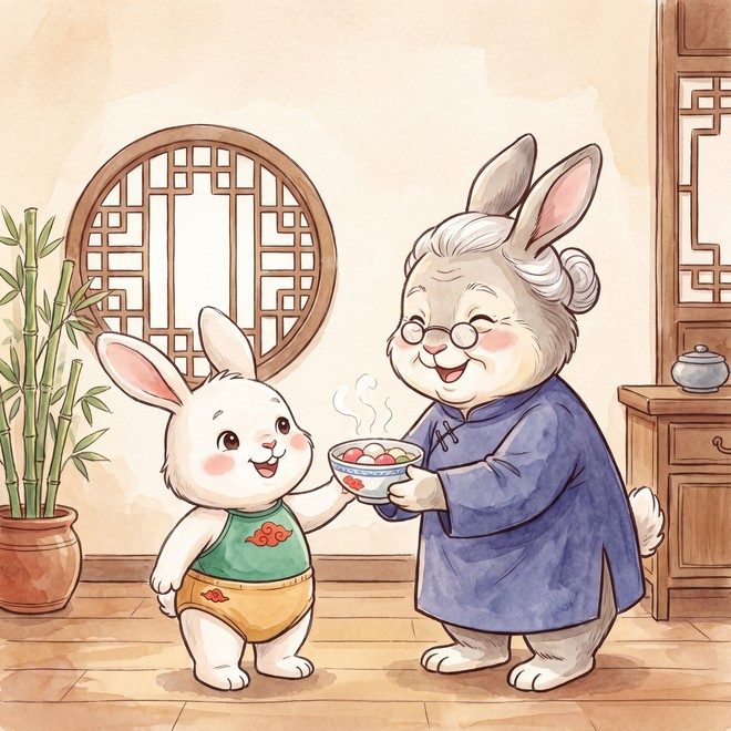 Yuan-Yuan washing paws and eating warm tangyuan.