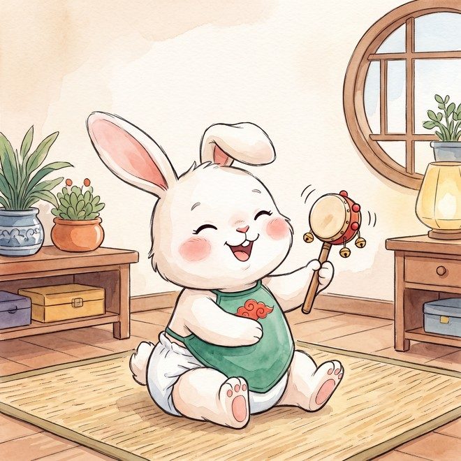 Yuan-Yuan in a bulky nappy, looking uncomfortable.
