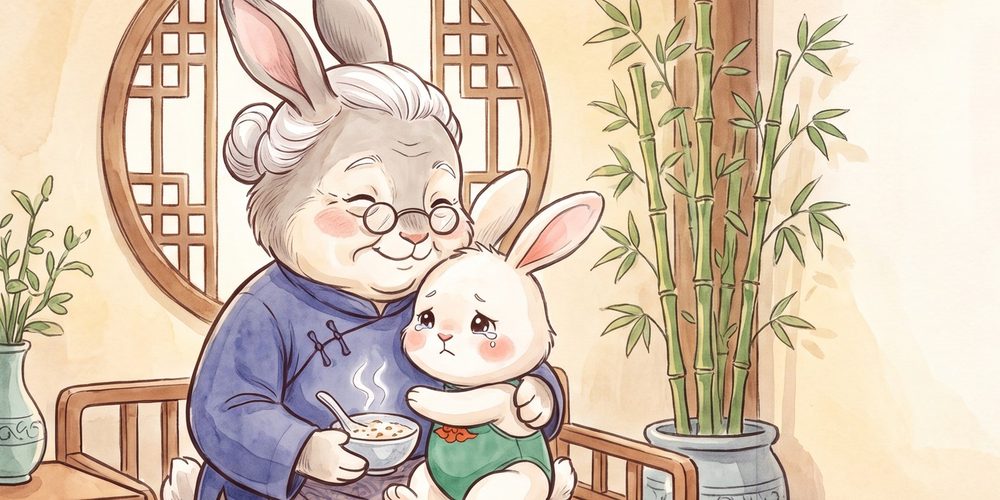 Grandma bringing a bowl of warm congee while Yuan-Yuan waits.
