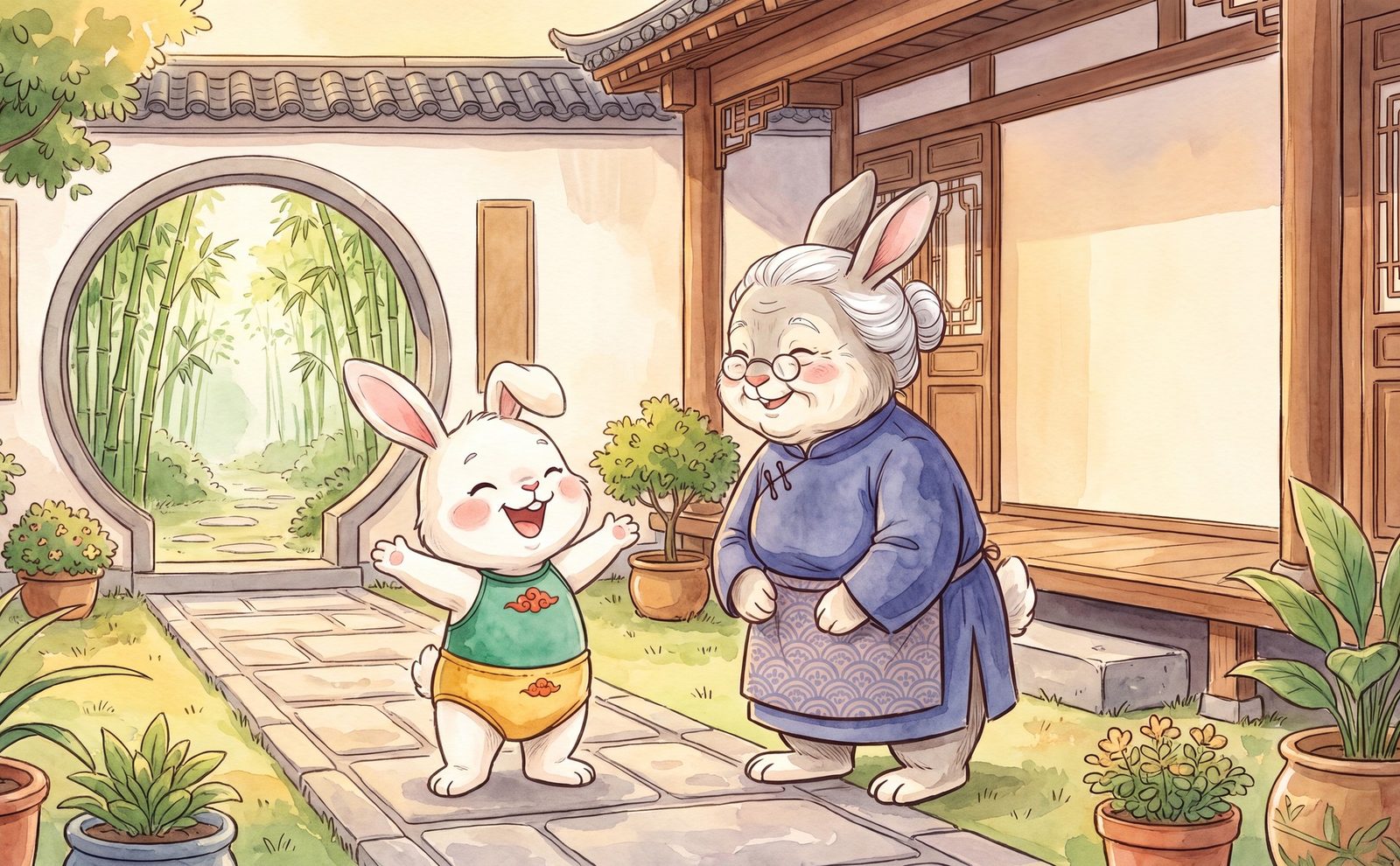 A full spread from the book, painted in soft watercolour with ink outlines.